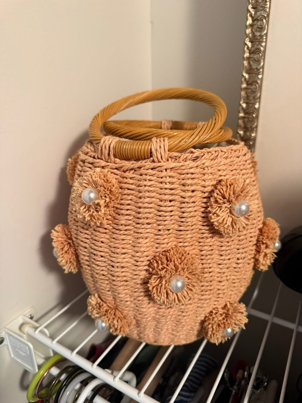 Show Me Your MuMu Peach Raffia Pom-Pearl Bucket Bag perfect for Rush or events